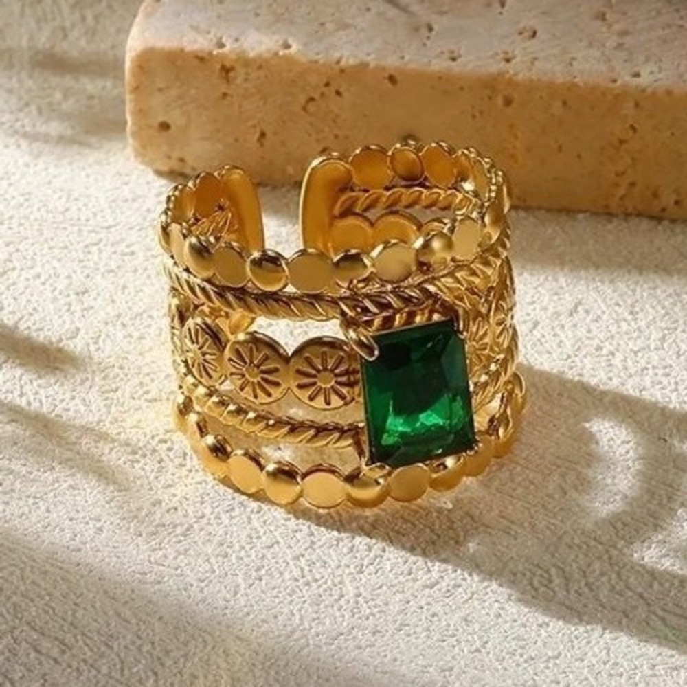 Gold Tone Stainless‎ Steel Statement Ring Emerald Cut Gemstone Band Ring